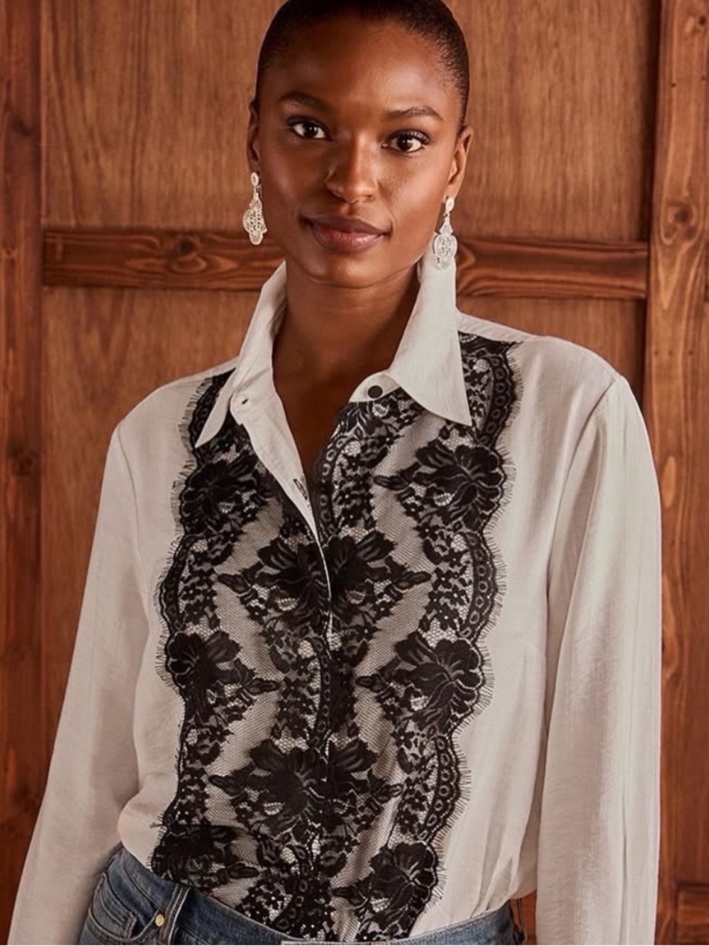CAbi Dolci White Button-Down Shirt with Black Lace Front- NWOT